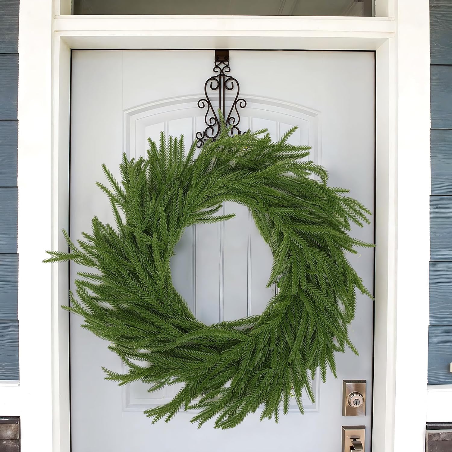 BINGTAOHU 18 Inch Norfolk Pine Wreath with Bells \u0026 Blue Navy Bow Ribbon Christmas Wreaths for Front Door Christmas Door Wreath Christmas Table Decorations Artificial Cedar Wreath for Home Outdoor